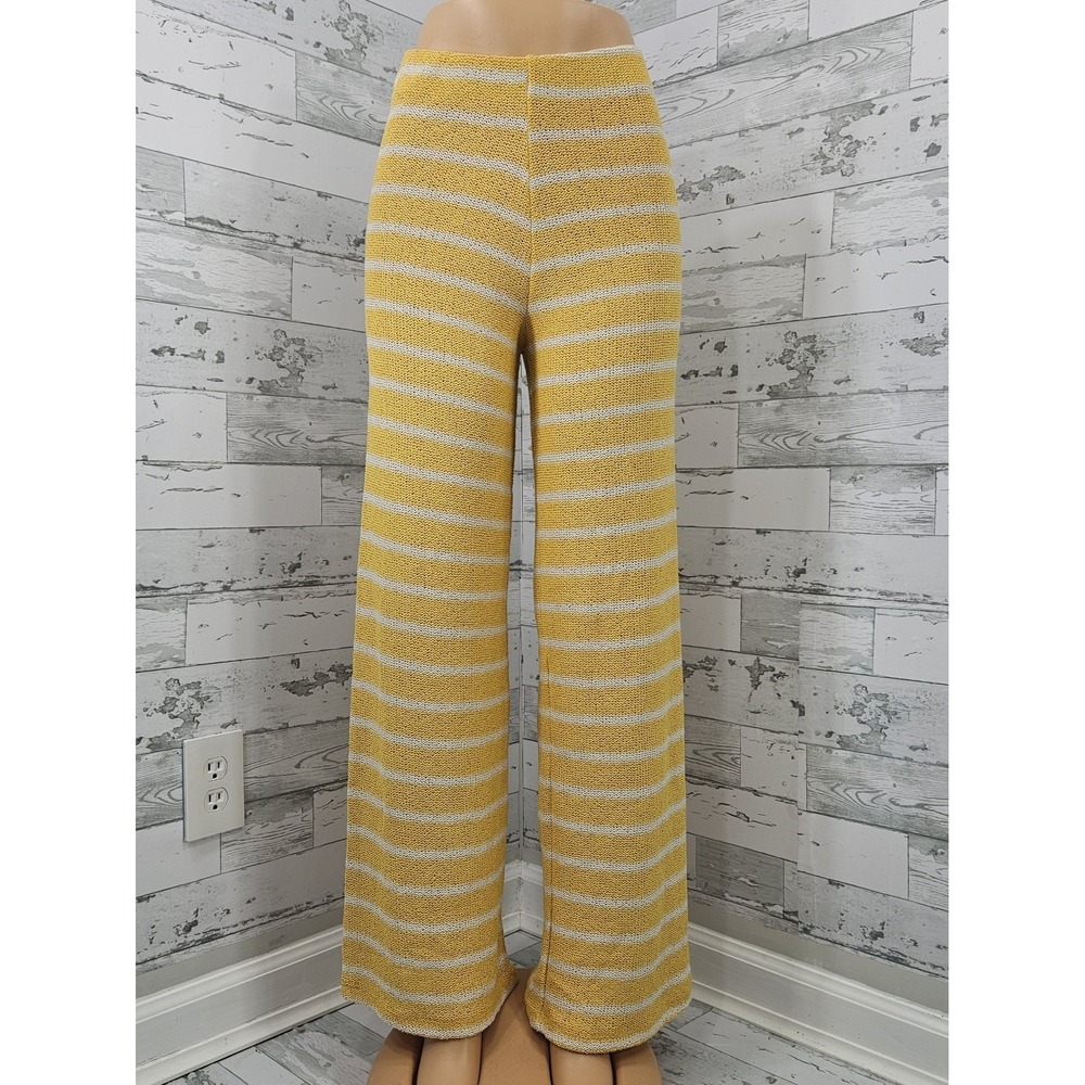 Zara Womens Yellow White Striped Knit Wide Leg Pants Size M High Waist Trousers